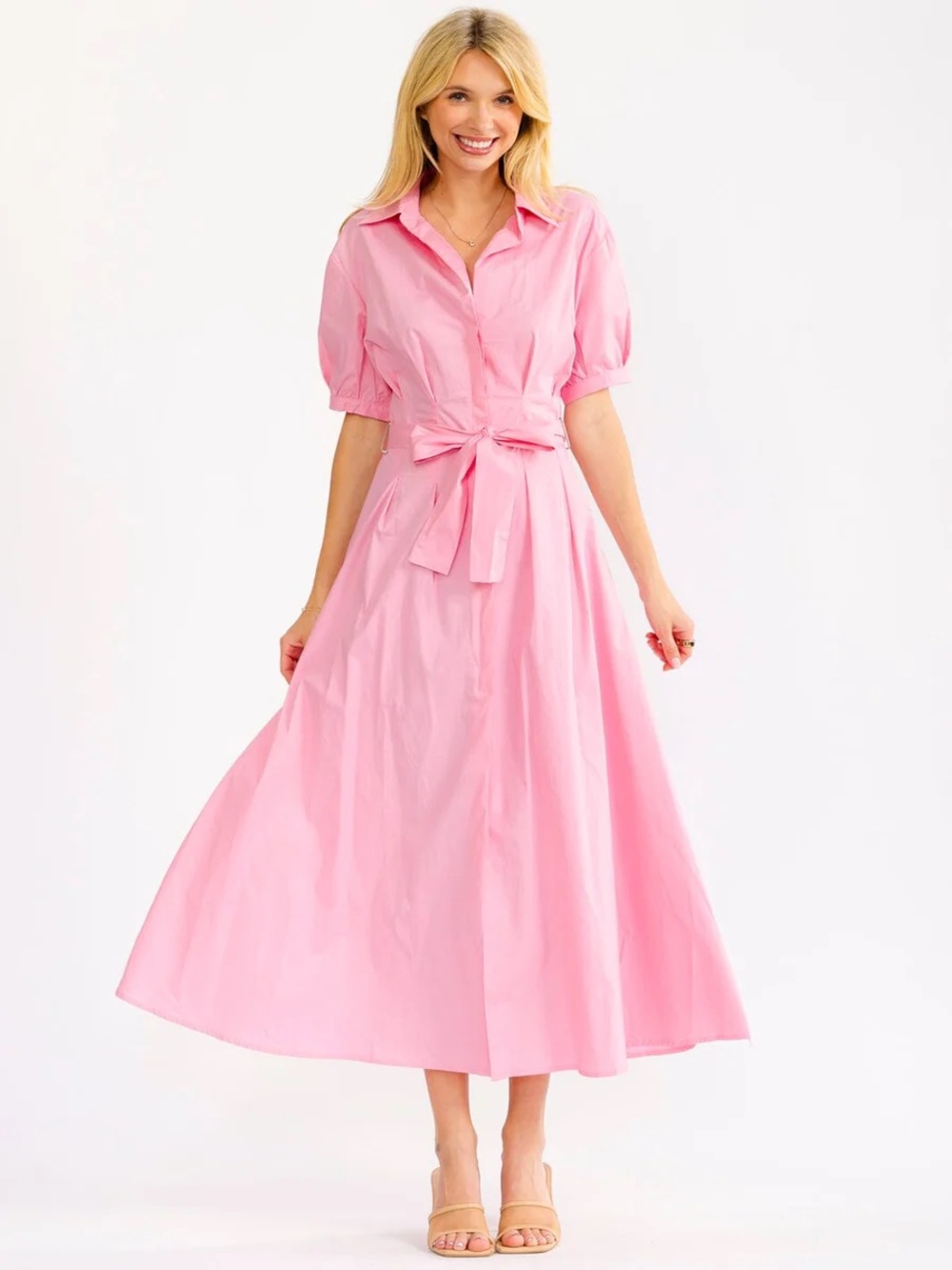 171 • Candy Pink Tie-Waist Shirt Dress | Retro Cotton Bow Tie Dress